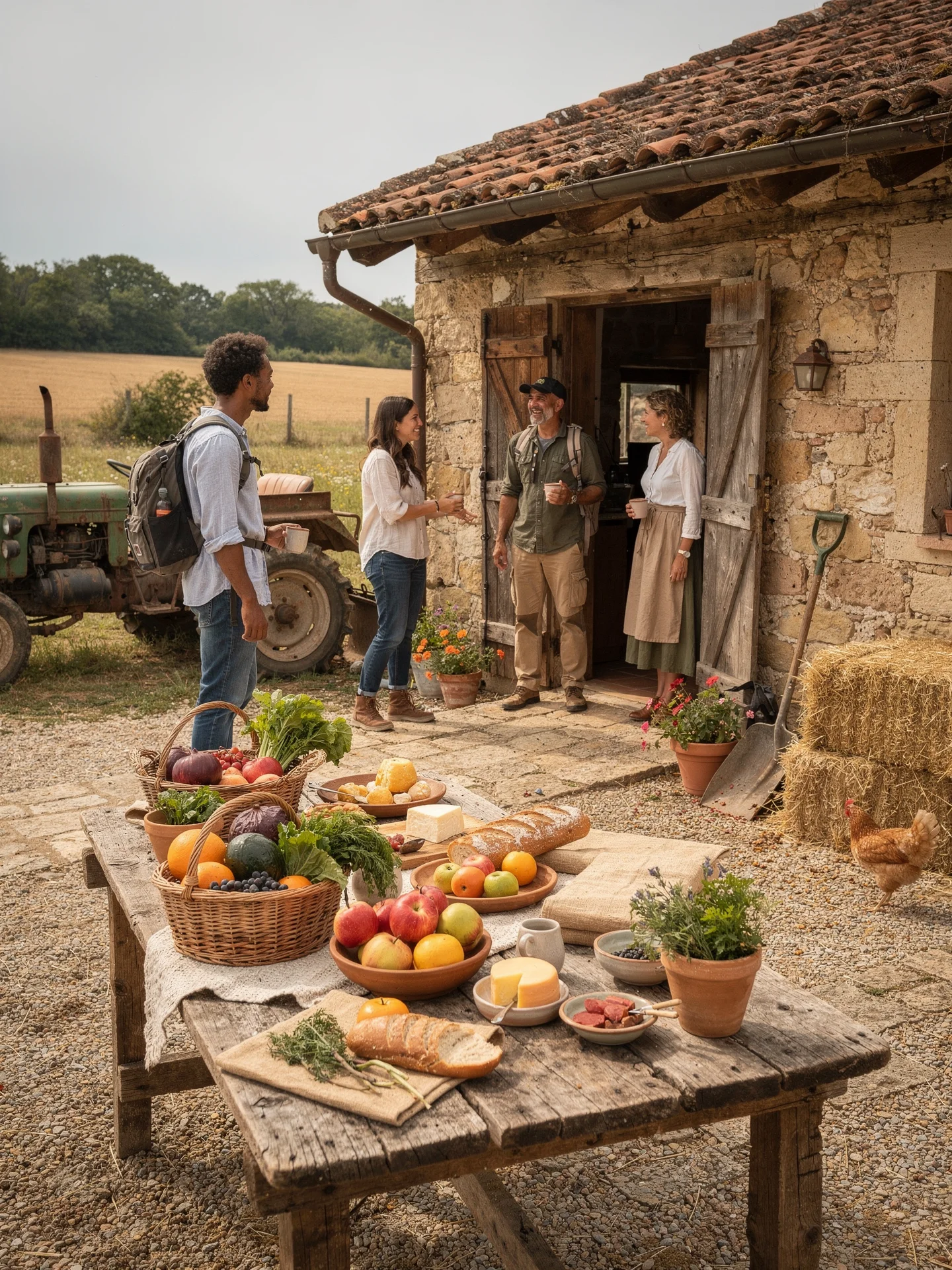 Documentary-style view of travelers at a rural farm courtyard with hosts, seasonal food, and working countryside details