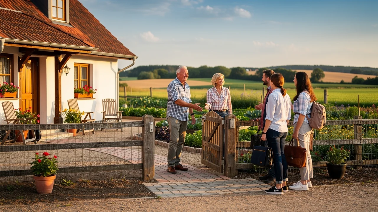 Farm hosts greeting guests in a rural courtyard beside a traditional house
